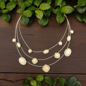VTG Napier Three Wire Illusion Necklace Silver Tone Cream Cabochon Stone 16-18”